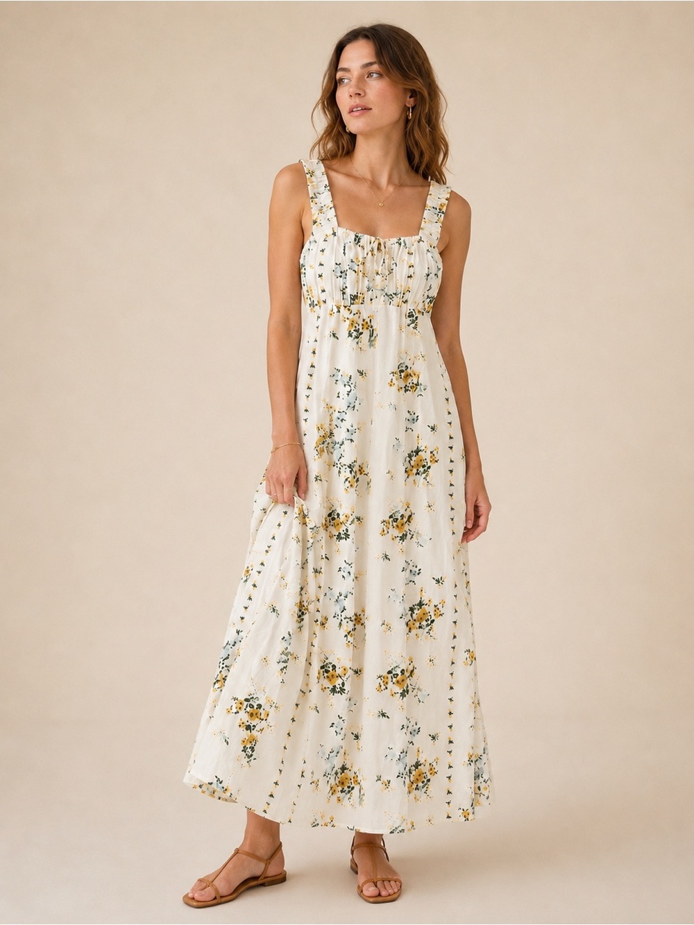Caroline Constas Floral Boho Maxi Dress Ivory Yellow Cottagecore Smocked Bodice - Picture 15 of 15